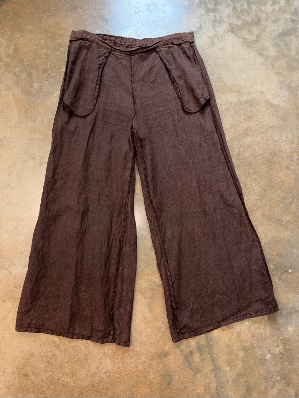 Linen Blend Wide Leg Pants Brown Elastic Waist Coastal Summer Relaxed Fit L - Picture 11 of 12
